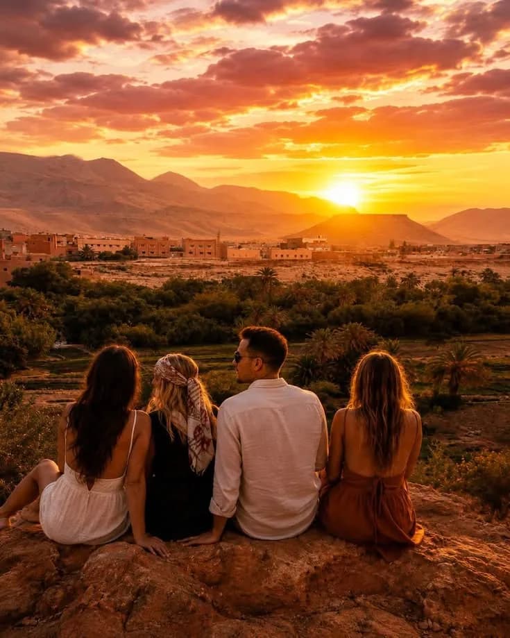 Travellers sharing a sunset picnic on a cliff over the Atlantic